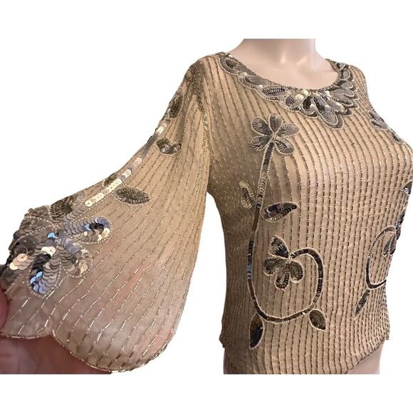Vintage 60s Ivory Sequin Floral Beaded Silk Top Sz M 3/4 Sleeve Scalloped Beaded - Picture 2 of 16